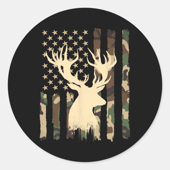 Adesivo Redondo Funny Camouflage Usa Flag Whitetail Buck Deer Hunt (Frente)