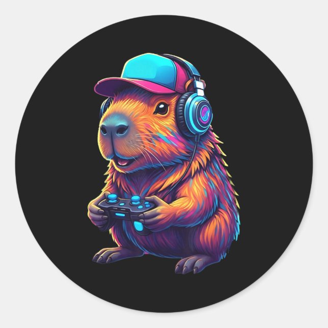 Adesivo Redondo Funny Capybara Gamer Gaming Video Games Capybara  (Frente)