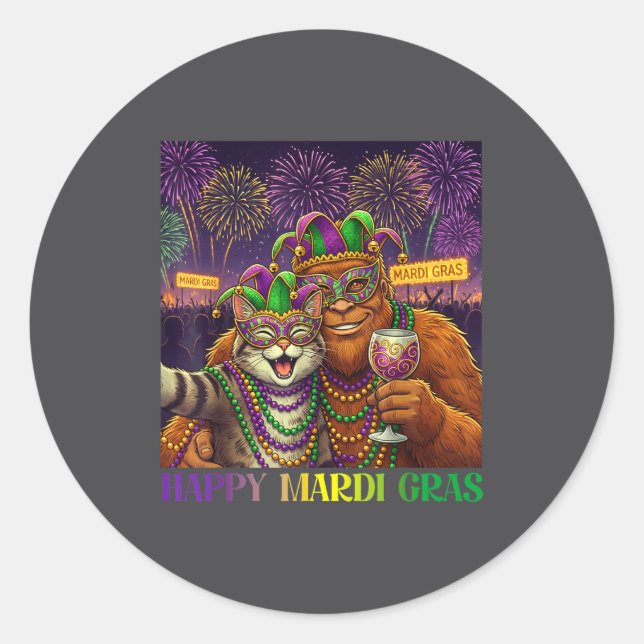 Adesivo Redondo Funny Cat Bigfoot Selfie Mardi Gras Carnival Party (Frente)