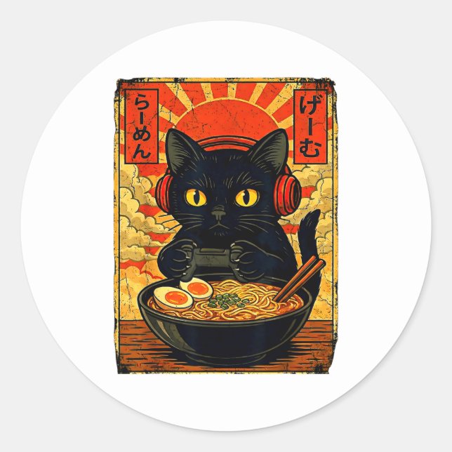 Adesivo Redondo Funny Cat Gamer Men Anime Kawaii Gaming Headset Ca (Frente)