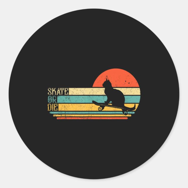 Adesivo Redondo Funny Cat On Skateboard Retro Skateboarder  (Frente)