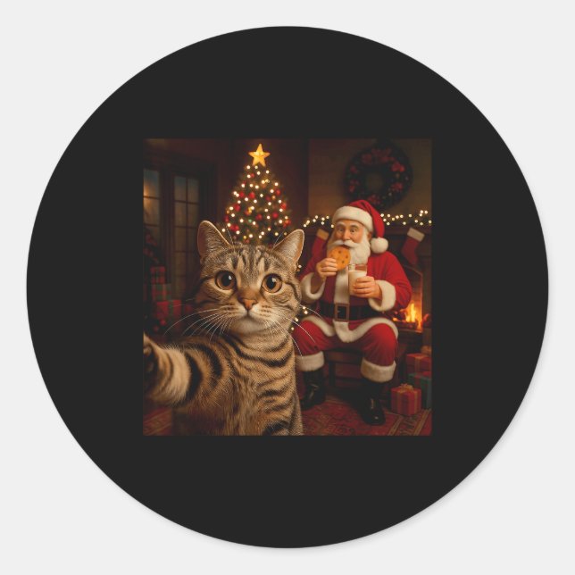 Adesivo Redondo Funny Cat Selfie Santa Claus Eating Cookies Christ (Frente)