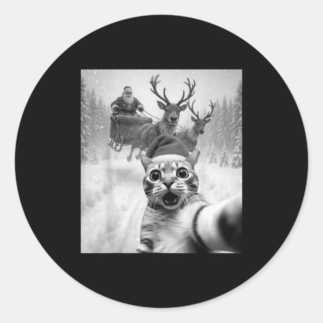 Adesivo Redondo Funny Cat Selfie Santa Merry Christmas Xmas Pajama (Frente)