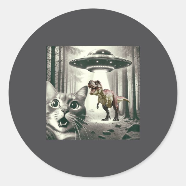 Adesivo Redondo Funny Cat Selfie With Alien Ufo And T-rex Dinosaur (Frente)