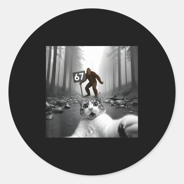 Adesivo Redondo Funny Cat Selfie With Bigfoot 67 Six Seven Meme Me (Frente)