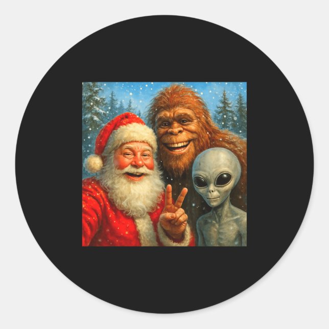 Adesivo Redondo Funny Cat Selfie With Santa Claus &amp; Bigfoot Me (Frente)