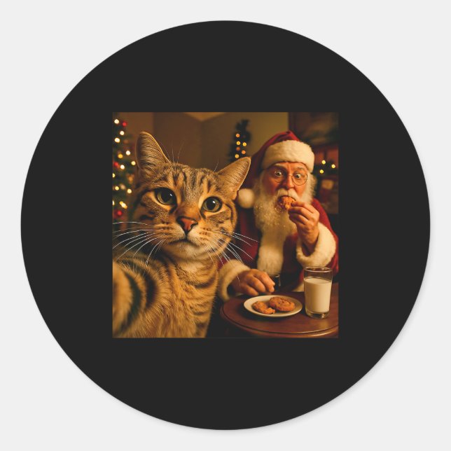 Adesivo Redondo Funny Cat Selfie With Santa Claus Christmas Meme  (Frente)