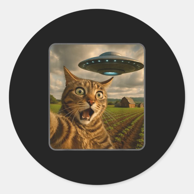 Adesivo Redondo Funny Cat Selfie With Ufo Alien Meme  (Frente)