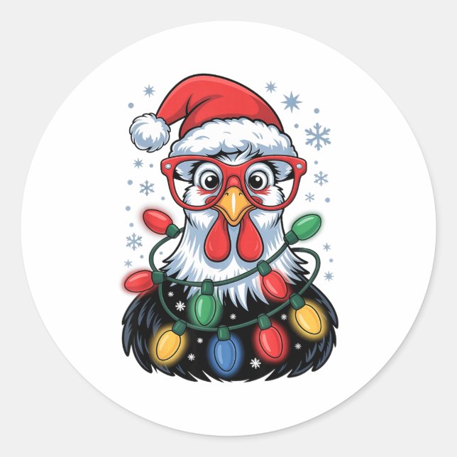 Adesivo Redondo Funny Chicken Christmas Tree Lights Santa Hat Xmas (Frente)