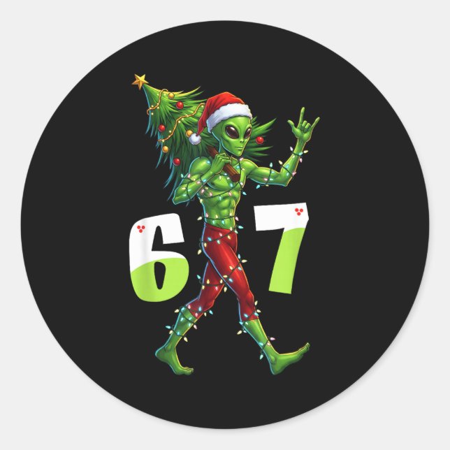 Adesivo Redondo Funny Christmas Alien Six Seven Meme 67 Santa Hat  (Frente)