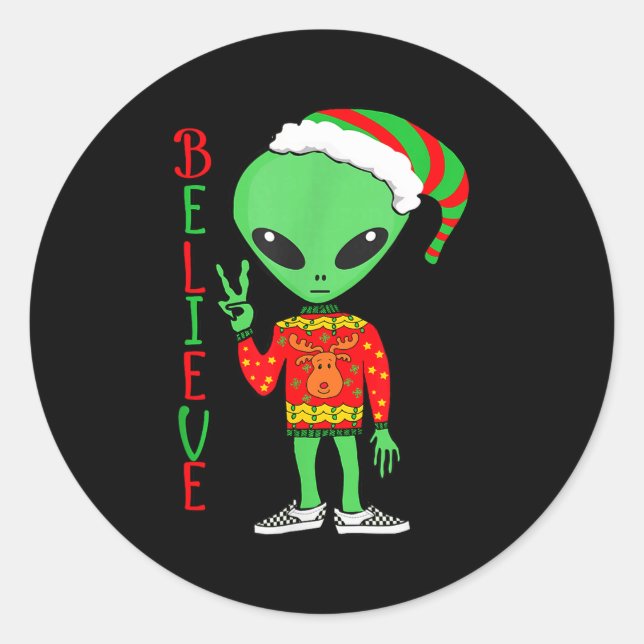 Adesivo Redondo Funny Christmas Alien Ugly Sweater I Believe Santa (Frente)