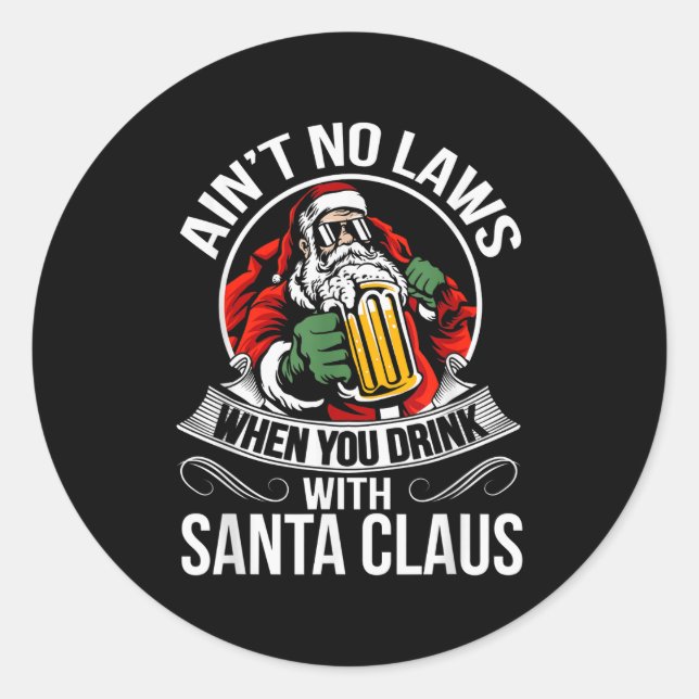 Adesivo Redondo Funny Christmas Beer Drinking With Santa Clause  (Frente)