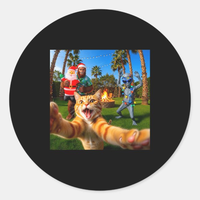 Adesivo Redondo Funny Christmas Cat Selfie With Bigfoot &amp; Alie (Frente)