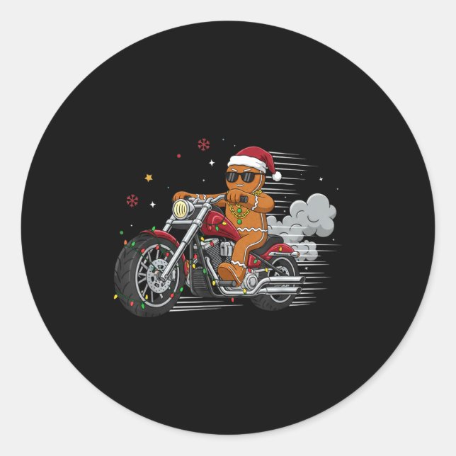 Adesivo Redondo Funny Christmas Gingerbread Man Biker Riding A Mot (Frente)
