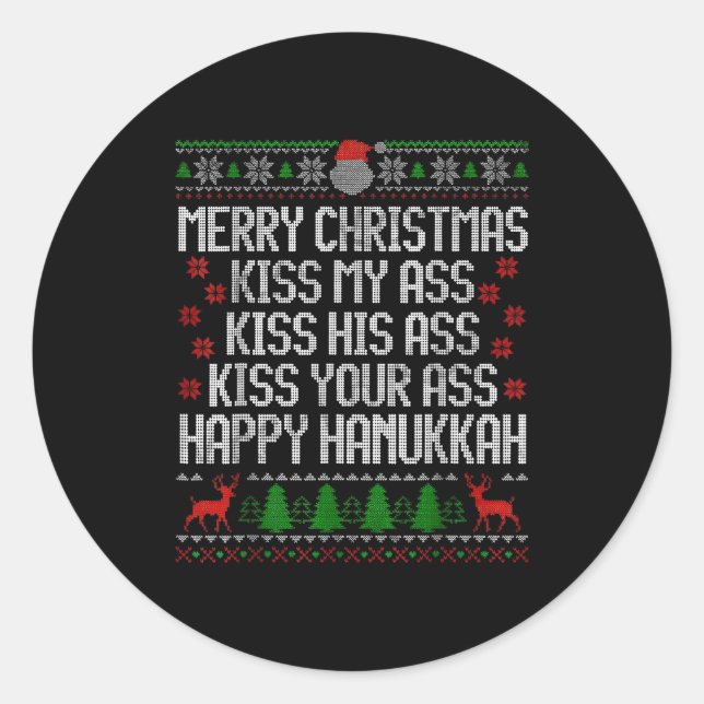 Adesivo Redondo Funny Christmas Kiss My Happy Hanukkah Humor  (Frente)
