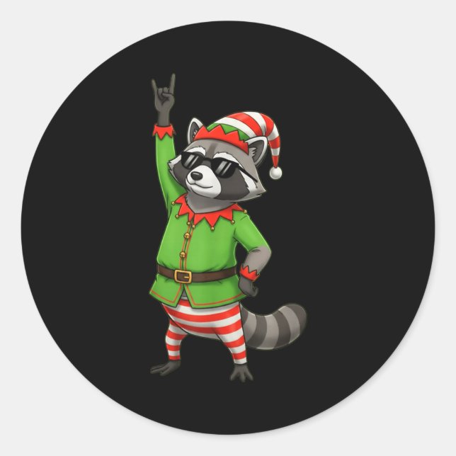 Adesivo Redondo Funny Christmas Raccoon Dressed As Elf With Sungle (Frente)