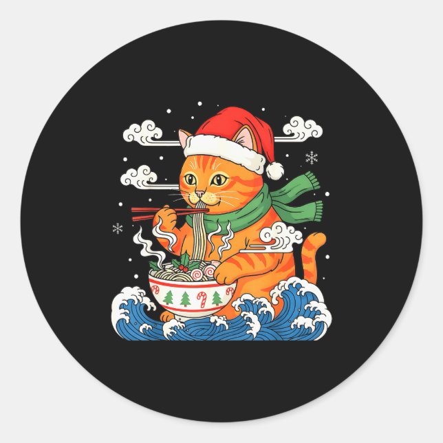 Adesivo Redondo Funny Christmas Ramen Cat Eating Noodles Japanese  (Frente)