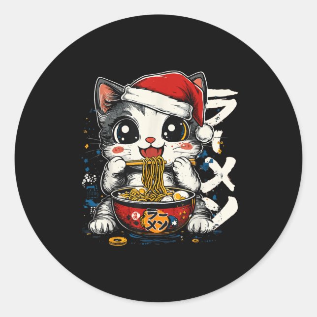 Adesivo Redondo Funny Christmas Santa Cat Ramen Japanese Kawaii An (Frente)