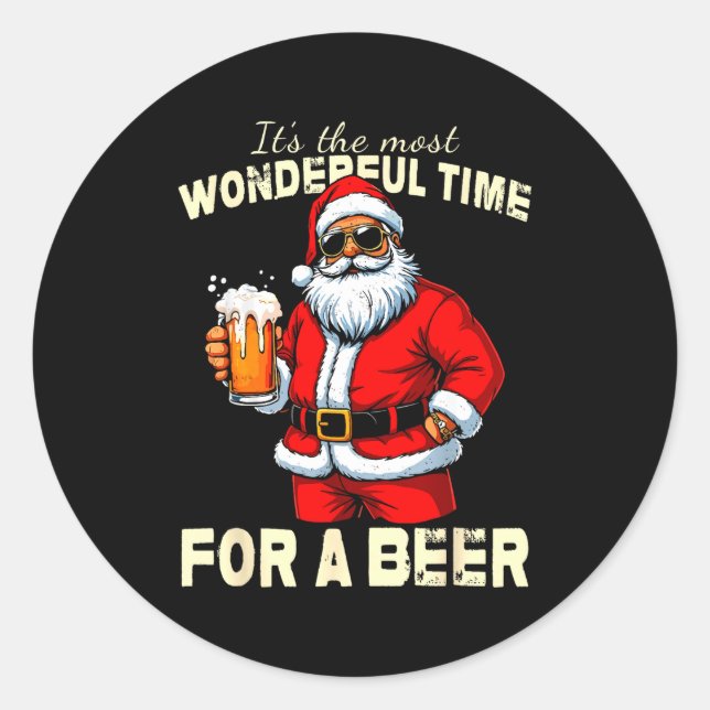 Adesivo Redondo Funny Christmas Santa Drinking Beer Wonderful Time (Frente)