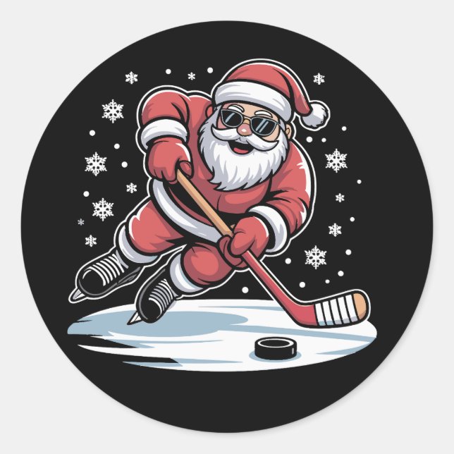 Adesivo Redondo Funny Christmas Santa Playing Ice Hockey Xmas  (Frente)