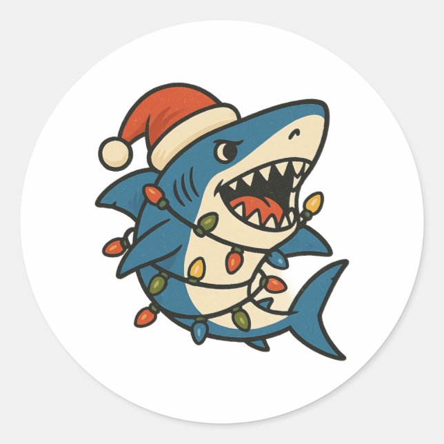 Adesivo Redondo Funny Christmas Shark Santa Hat (Frente)