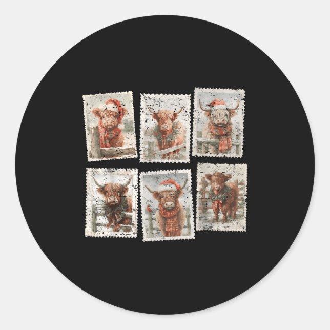 Adesivo Redondo Funny Christmas Stamp Highland Cow Lover Merry Xma (Frente)