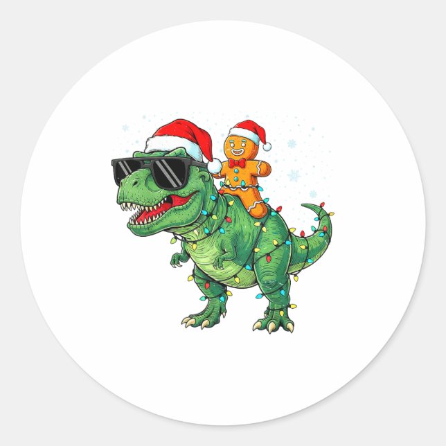 Adesivo Redondo Funny Christmas T Rex Dinosaur Gingerbread Lights  (Frente)