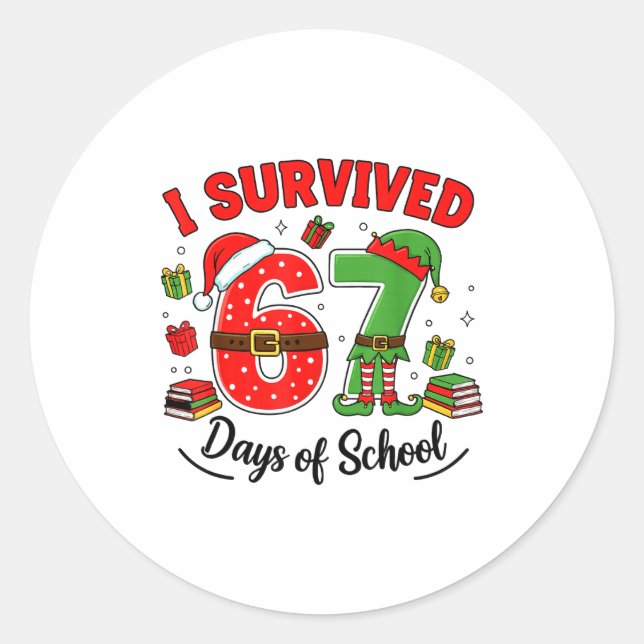 Adesivo Redondo Funny Christmas Teacher Santa I Survived 67 Days O (Frente)