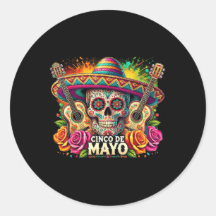 Adesivo Redondo Funny Cinco De Mayo Skeleton Skull Fiesta Sombrero