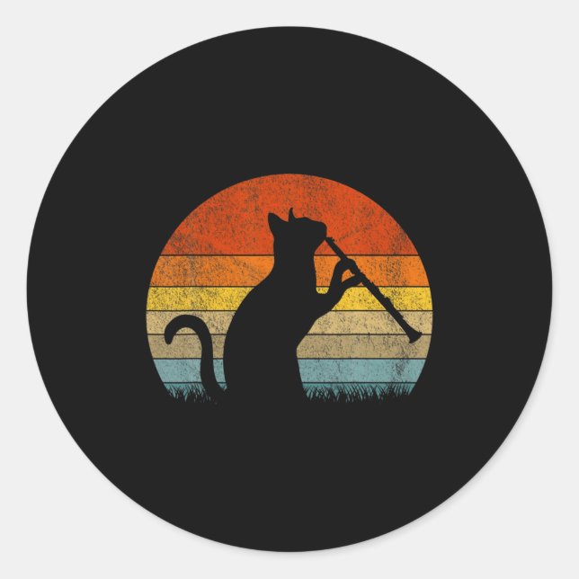 Adesivo Redondo Funny Clarinet Cat Clarinet Player Musician Retro  (Frente)