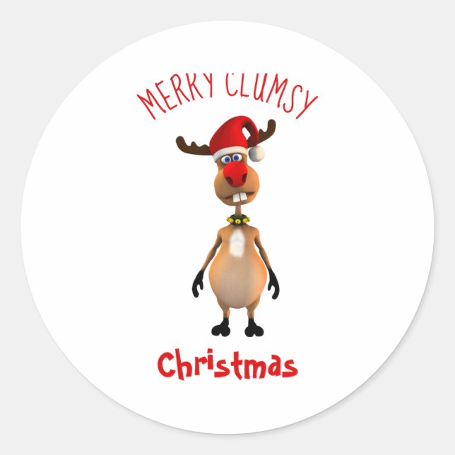 Adesivo Redondo Funny Clumsy Reindeer Merry Christmas  (Frente)
