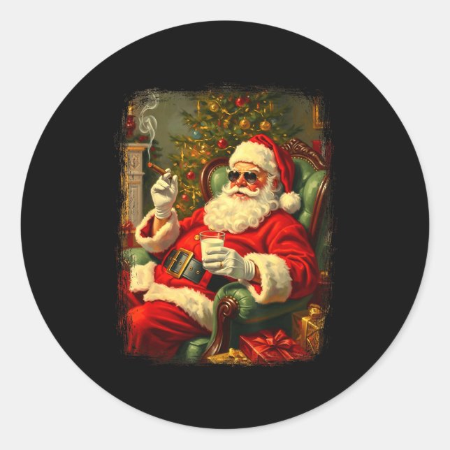 Adesivo Redondo Funny Cool Sungles Cigar And Milk Santa Christmas  (Frente)