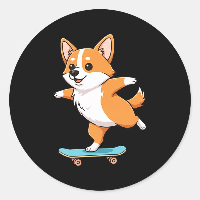 Adesivo Redondo Funny Corgi Skater Skateboard Ballerina Mom Dad Ki (Frente)