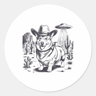 Adesivo Redondo Funny Corgi Ufo Western Cowboy Vintage 90 e 80