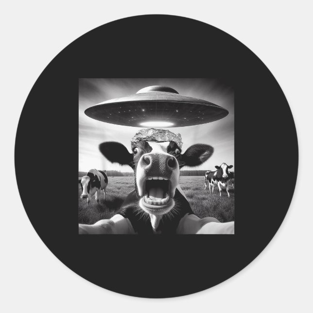 Adesivo Redondo Funny Cow Abduction By Ufo Selfie - Hilarious Alie (Frente)