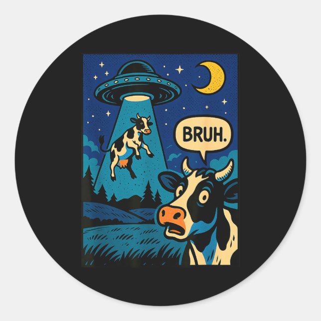 Adesivo Redondo Funny Cow Meme Ufo Alien Zoo Boys Girls Kids  (Frente)