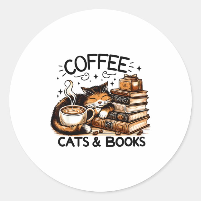 Adesivo Redondo Funny Cute Coffee Cats Books Lover Women Men Kids  (Frente)