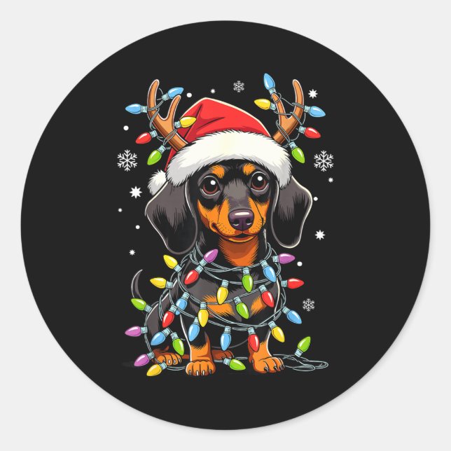 Adesivo Redondo Funny Dachshund Christmas Lights Santa Hat Xmas  (Frente)