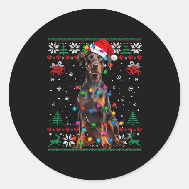 Adesivo Redondo Funny Doberman Christmas Santa Hat Dog Ugly Sweate (Frente)