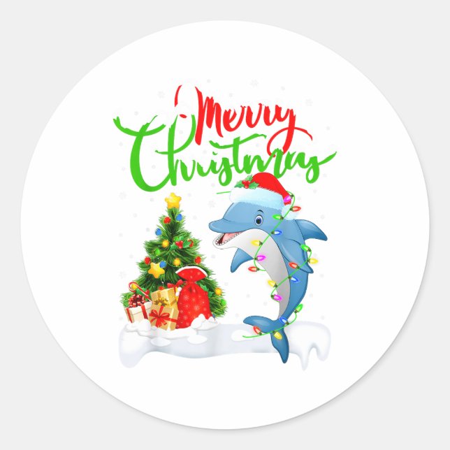 Adesivo Redondo Funny Dolphin Fish Lover Xmas Lighting Dolphin Chr (Frente)