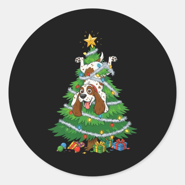 Adesivo Redondo Funny English Springer Spaniel Dog Christmas Tree  (Frente)