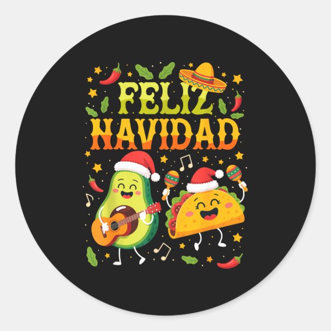 Adesivo Redondo Funny Feliz Navidad Avocado Tacos Mexican Christma (Frente)