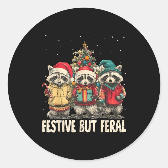 Adesivo Redondo Funny Feral But Festive Christmas Raccoons Xmas Ho (Frente)