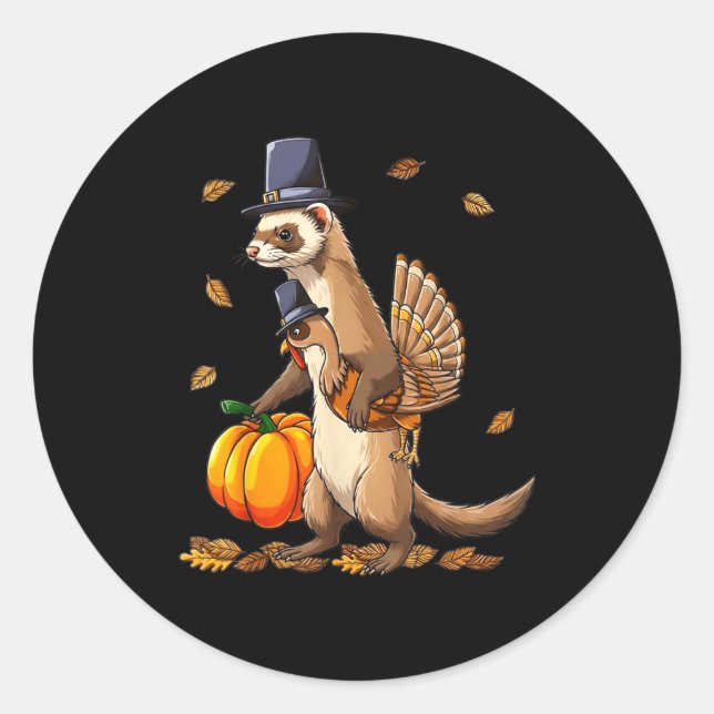Adesivo Redondo Funny Ferret Turkey Pumpkin Thanksgiving Gift Men  (Frente)