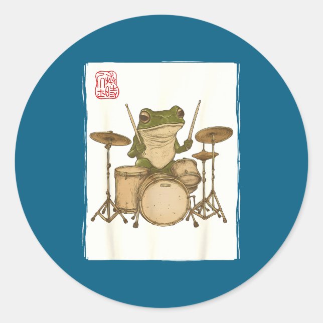 Adesivo Redondo Funny Frog Drum Rock Music Kawaii Japanese  (Frente)