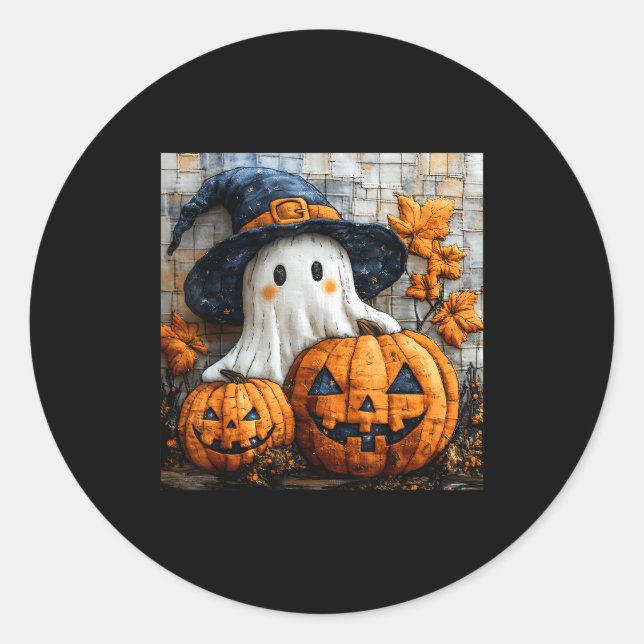Adesivo Redondo Funny Ghost Pumpkin Cute Halloween Patchwork Art  (Frente)