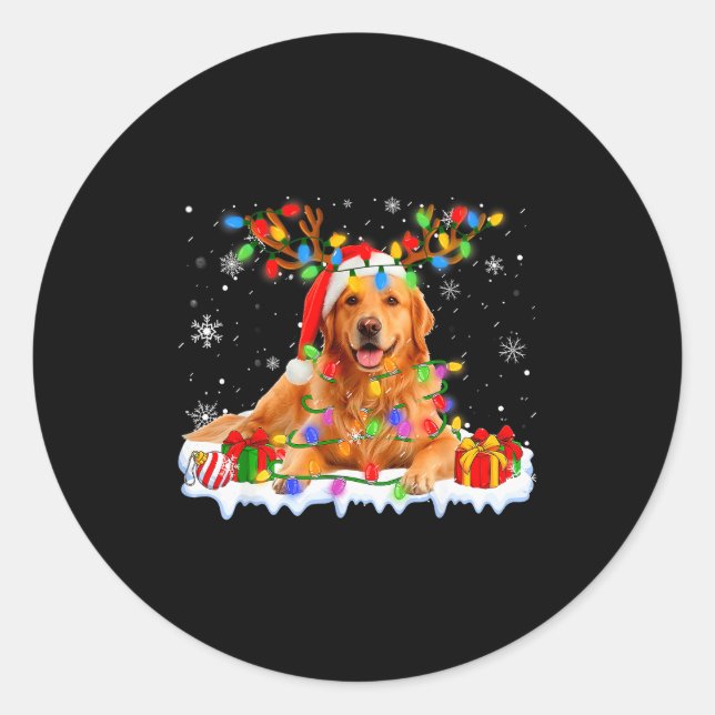 Adesivo Redondo Funny Golden Retriever Christmas Santa Hat Reindee (Frente)