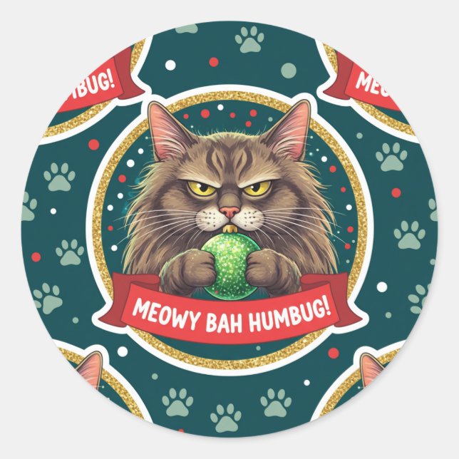 Adesivo Redondo Funny Grumpy Christmas Cat Sticker – Ornament cat (Frente)