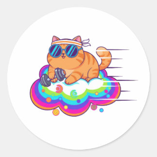 Adesivo Redondo Funny Gym Cat Lifting Dumbbell on Rainbow Cloud