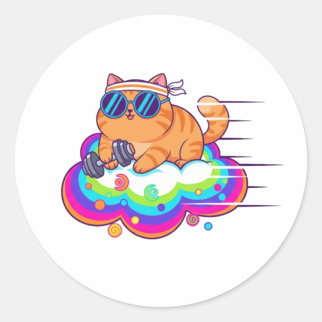 Adesivo Redondo Funny Gym Cat Lifting Dumbbell on Rainbow Cloud (Frente)